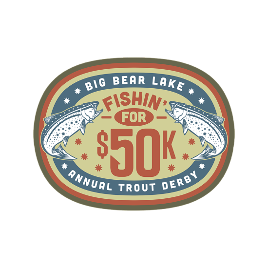 加利福尼亚州大熊湖 Fishin' For 50K 活动的数字徽标。徽标两侧有两条鳟鱼。
