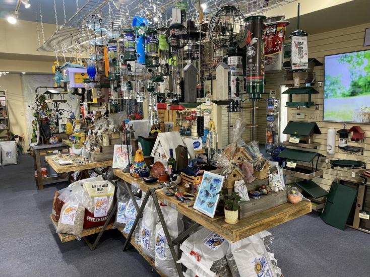 大熊湖 Chirp 自然中心的天花板上挂满了喂鸟器和鸟屋。